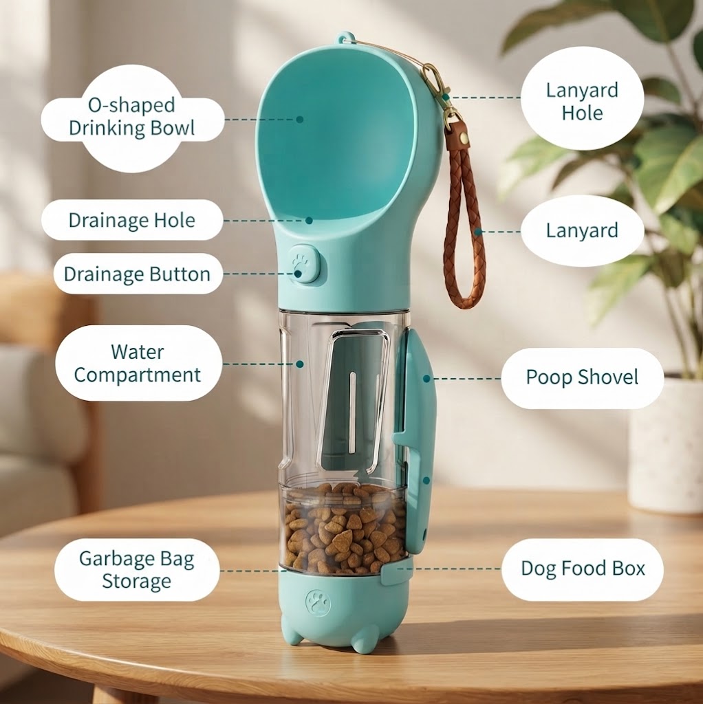 3-in-1 Portable Dog Water Bottle and Food Dispenser